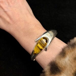Taxco Sterling Silver Clamper Bracelet with Genuine Tiger’s Eye Stone